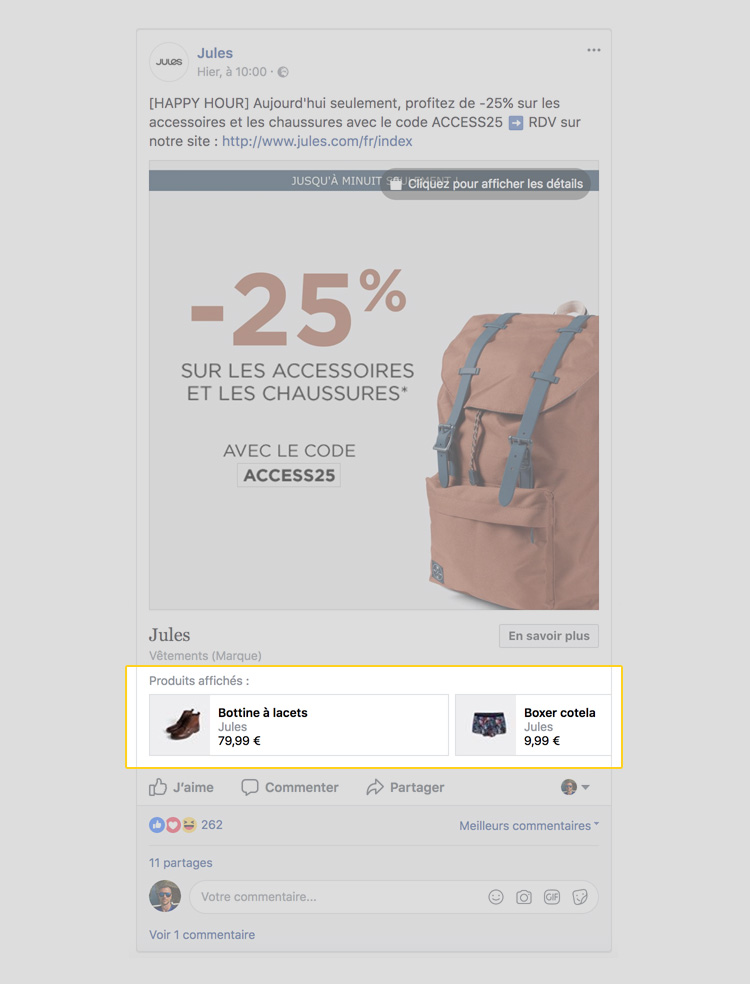 Produits associés sur une publication Facebook