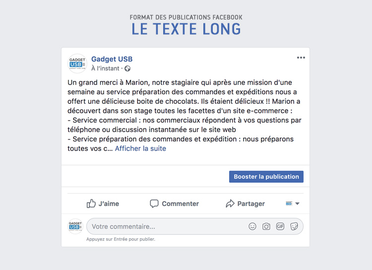 Exemple de publication facebook avec un texte trop long