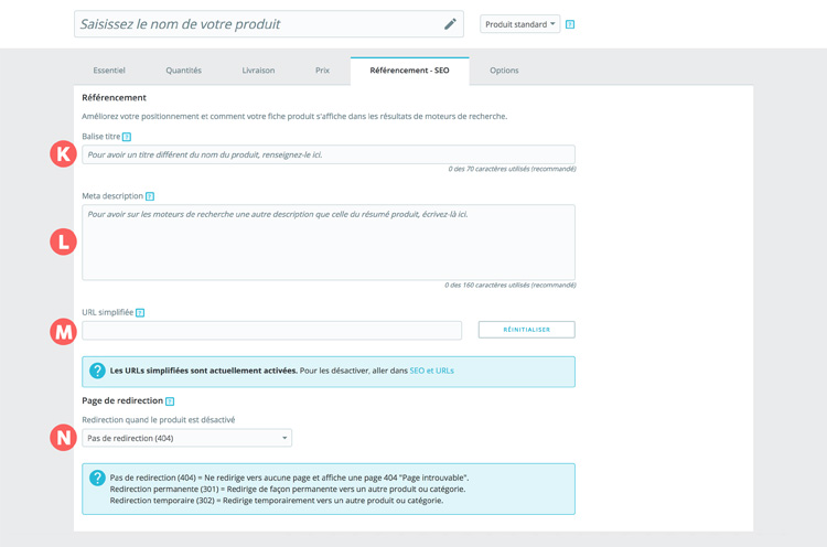 onglet SEO/Référencement dans un produit Prestashop