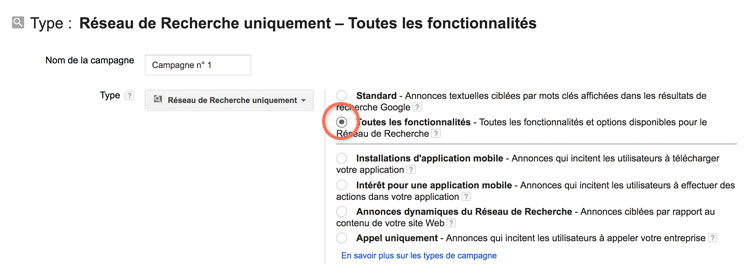 Campagne Adwords avec le réseau recherche uniquement