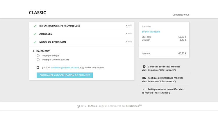 Tunnel d'achat de Prestashop 1.7 en une page