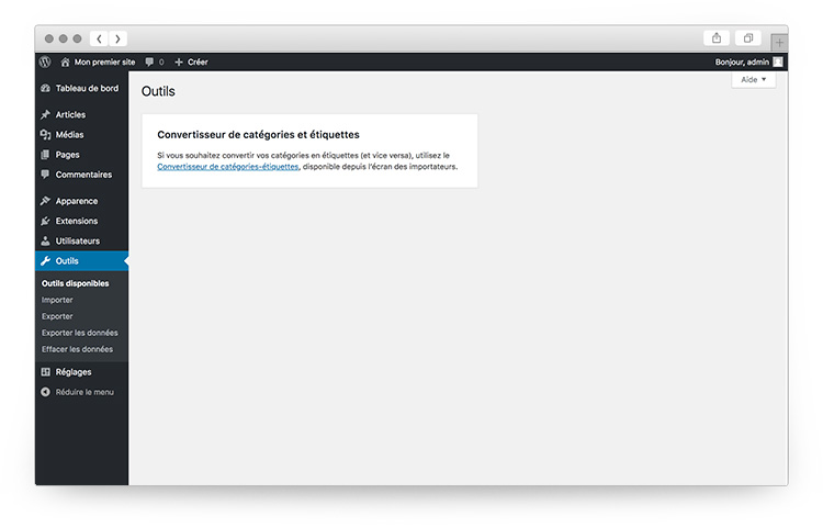 Outils pour Wordpress dans l'administration