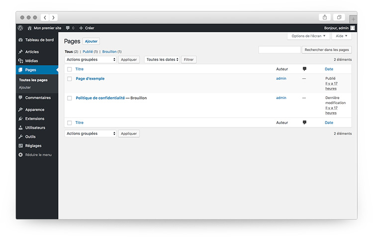 Interface des pages sous Wordpress