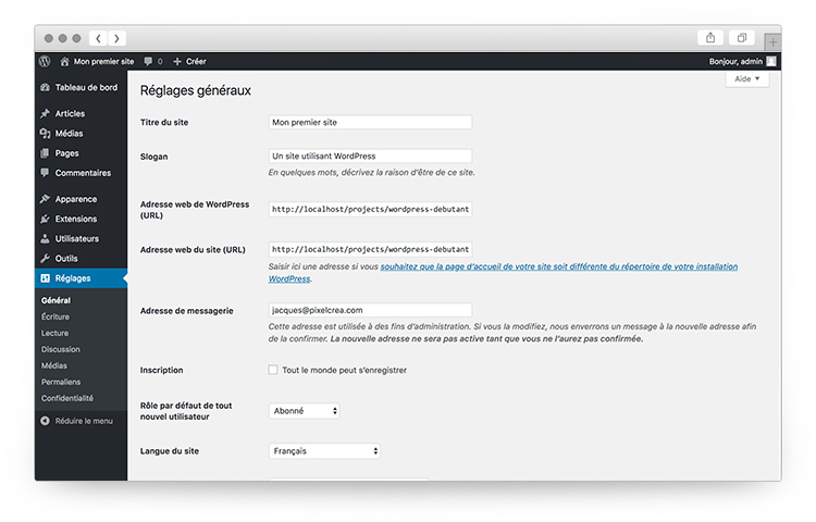 Réglages de l'administration de Wordpress